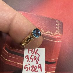 18K Solid Gold Wedding Ring 3.5Gr Size 9 ( 6 NATURAL DIAMONDS AND BLUE TOPAZ)