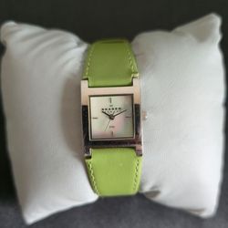 Skagen Silver Stainless Steel Rectangular Watch Lime Green Leather Strap Mother of Pearl Dial