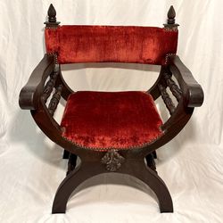 Vintage Spanish Revival Savonarola Chair Carved Wood Red Fabric Upholstery