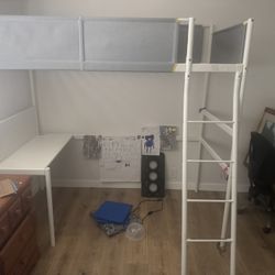 Used IKEA VITVAL loft bed. No Box Spring Needed, No Mattress. White Metal Frame With Removable Fabric. Desk Included