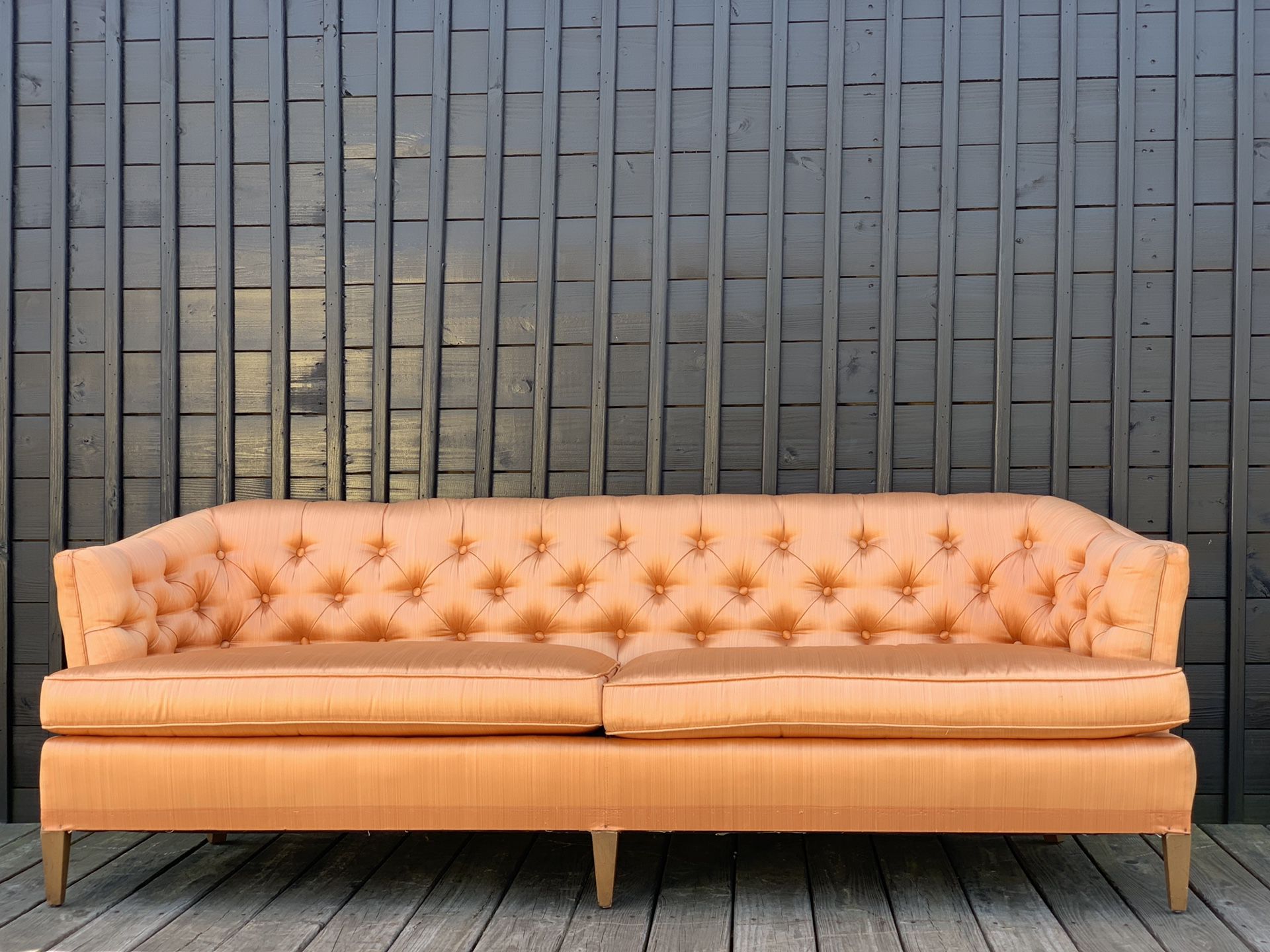 Rare Mid Century Salmon Rose Gold Velvet Couch Vintage Chesterfield