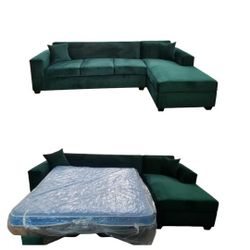 BRAND NEW  9X7ft And 7X9FT SECTIONAL CHAISE  Sofa With SLEEPER,  Velvet Evergreen FABRIC 