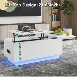 HOMMPA Lift Top Led Coffee Table with Charging Station Modern Table for Living Room with Hidden Compartment High Glossy Lift Tabletop White Coffee Tab