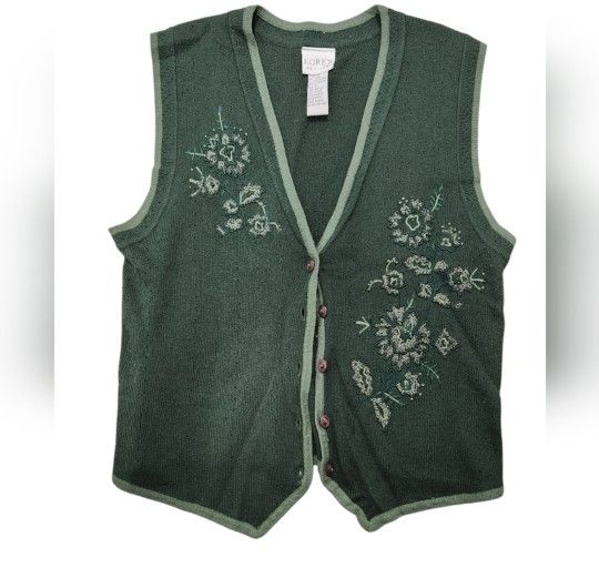 Vintage Koret Petites Size Small Green Knit Embroidered Floral Sleeveless Vest