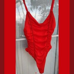 Red Tank Bodysuit With Tule Overlay 