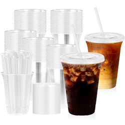 16 oz 100 Pack Clear Plastic Cups with Lids and Straw,leak-proof durable,To-Go Cold Coffee Cups,Disposable Cold Drink Cups for Parties, Outdoor Events