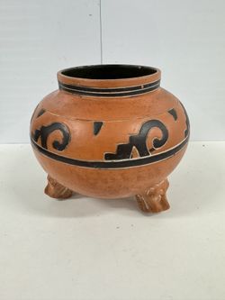 Handmade Mexican Folk Pottery Bowl Planter Footed Terra Cotta Hecho En Mexico