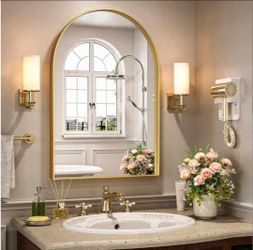 0726: New Arched Mirror, Arched Wall Mirror, 20 x 30 Inch Gold Arch Mirror, Metal Frame Gold Bathroom Mirror, Arched Top Bathroom Vanity Mirror
