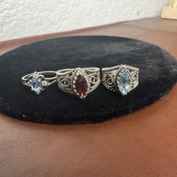 Sterling Silver Gemstone Ring Lot (Blue Topaz + Auuamarine + Garnet) – 3 Rings