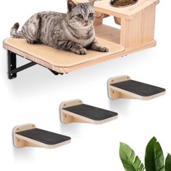 Cat Wall Shelves with 3 Cimbing Steps Cat Shelf Dogproof Feeding Bowls Station