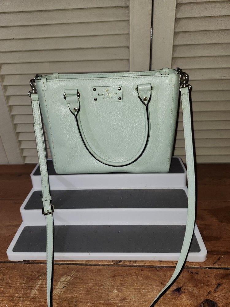 Kate Spade Wellesley Pebbled Leather Handlebag In Mint Green Ice With Logo Inside And Gold Accents