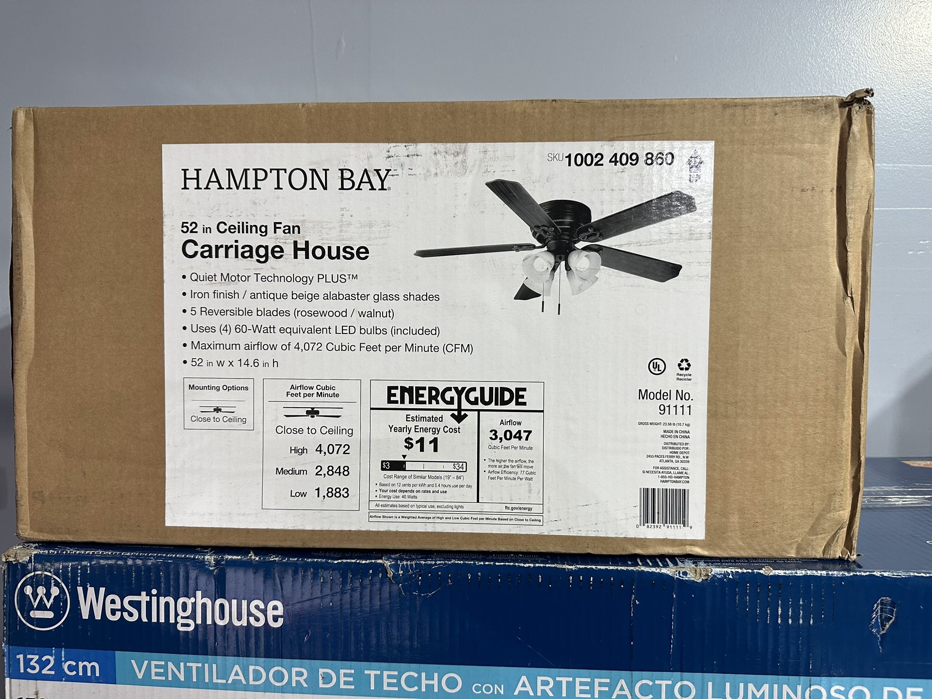Hampton Bay Carriage House 52 in. Indoor LED Iron Ceiling Fan with Light Kit, Reversible Motor and Reversible Blades
