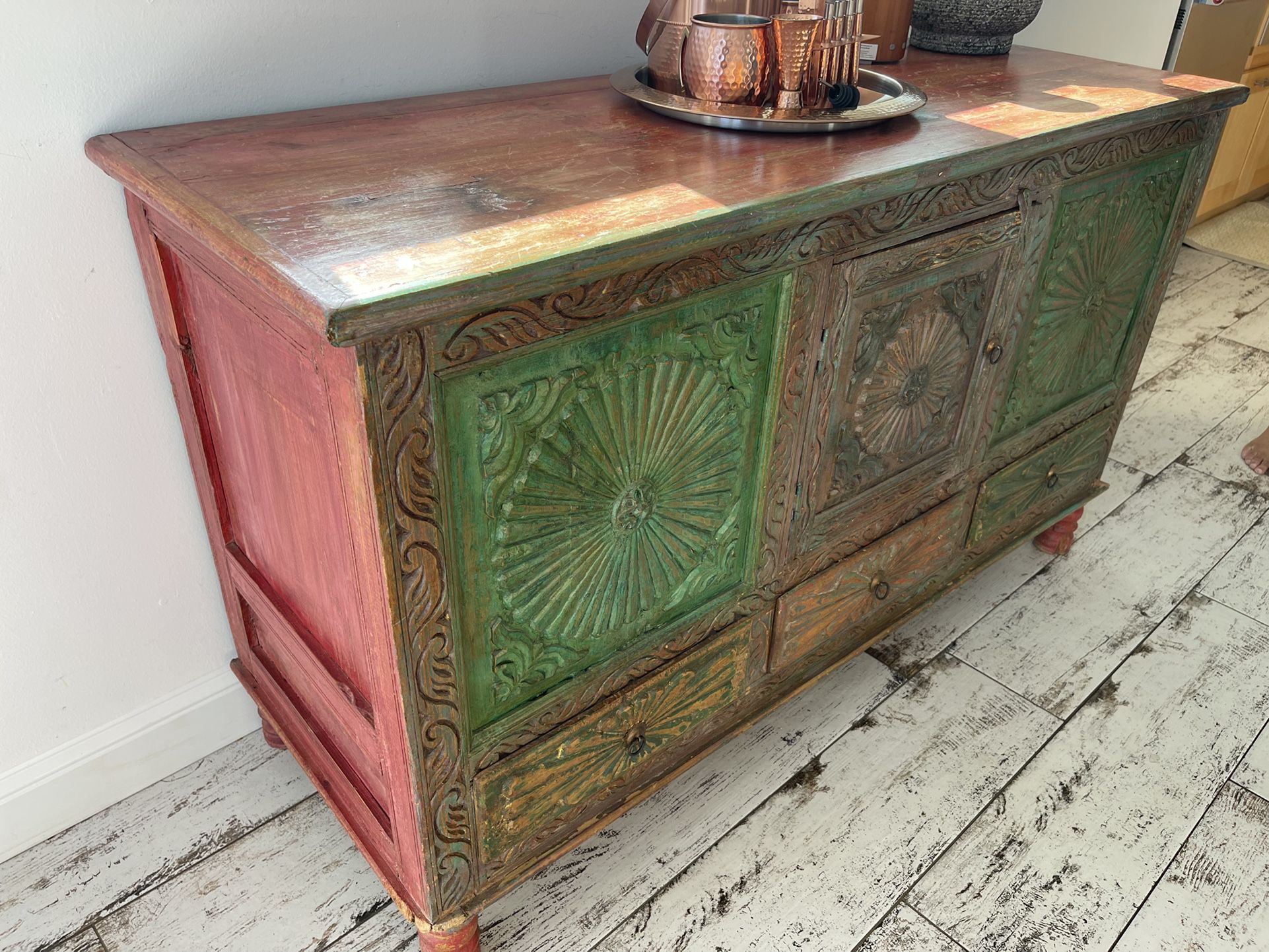 Balinese  Reclaimed TEAK Wood TV Console with Cabinet And Drawers - Beautiful Carved Design And Colors