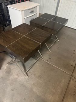 Pair of Wood and Metal X-Base End Tables