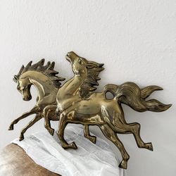 Vintage Brass Running Horse Gallery Wall Art Sculpture, Western Hanging Plaque