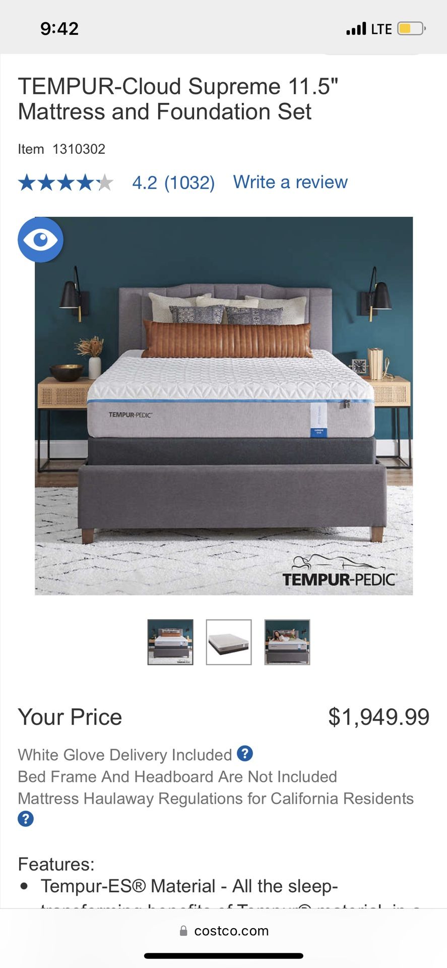 Tempur-pedic Cloud Supreme $1,100. MATTRESS ONLY