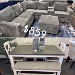 Super Deal‼️ Sectional Sofa With Ottoman And 6 -Pc Dining Table Set