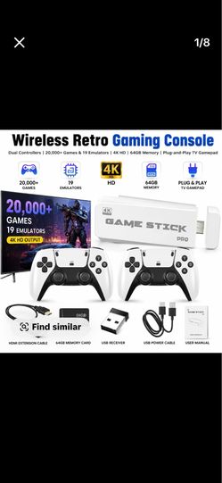 Wireless Retro Gaming Console, Dual Controllers, 20,000+ Games & 19 Emulators, 4K HD, 64GB Memory, Plug-and-Play TV Gamepad