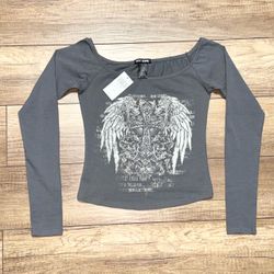 Hot Topic Grunge Wings Cross Y2K Off The Shoulder Long Sleeve Shirt Womens S