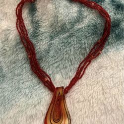 Red Murano-Style Teardrop Glass Pendant W/Seed Beaded Red Necklace - Green Cove Springs Pickup!