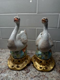 Pair of Porcelain Goose Figurines with Gold Bases