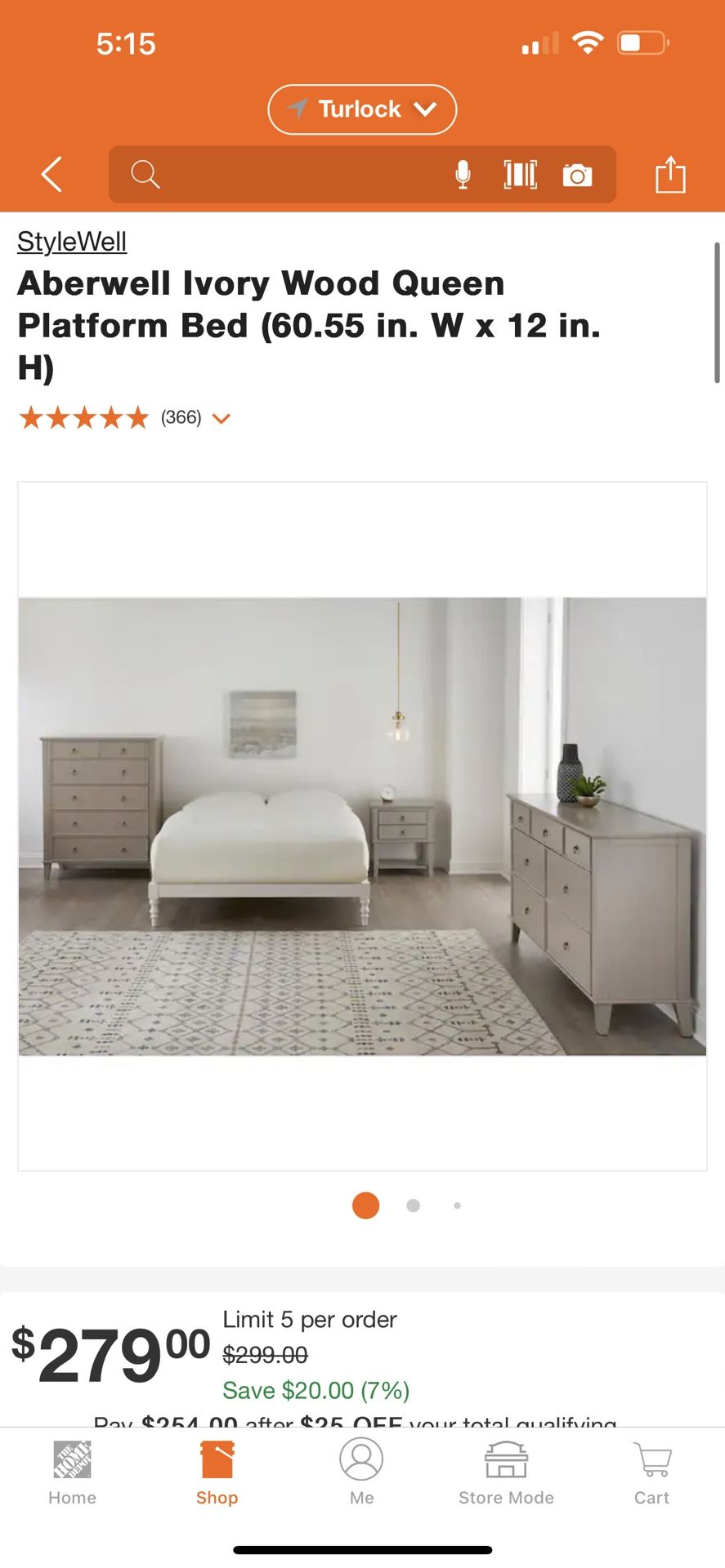StyleWell Aberwell Ivory Wood Queen Platform Bed 60.55 in. W 12
