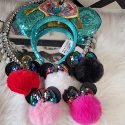 Disney Parks Mickey Mouse Pom Pom Keuchain Accessories with Sparkly Ears