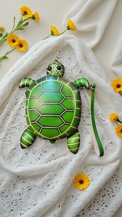 New Small Whimsical Green & Black Leather Turtle Wristlet 7” x 6”.