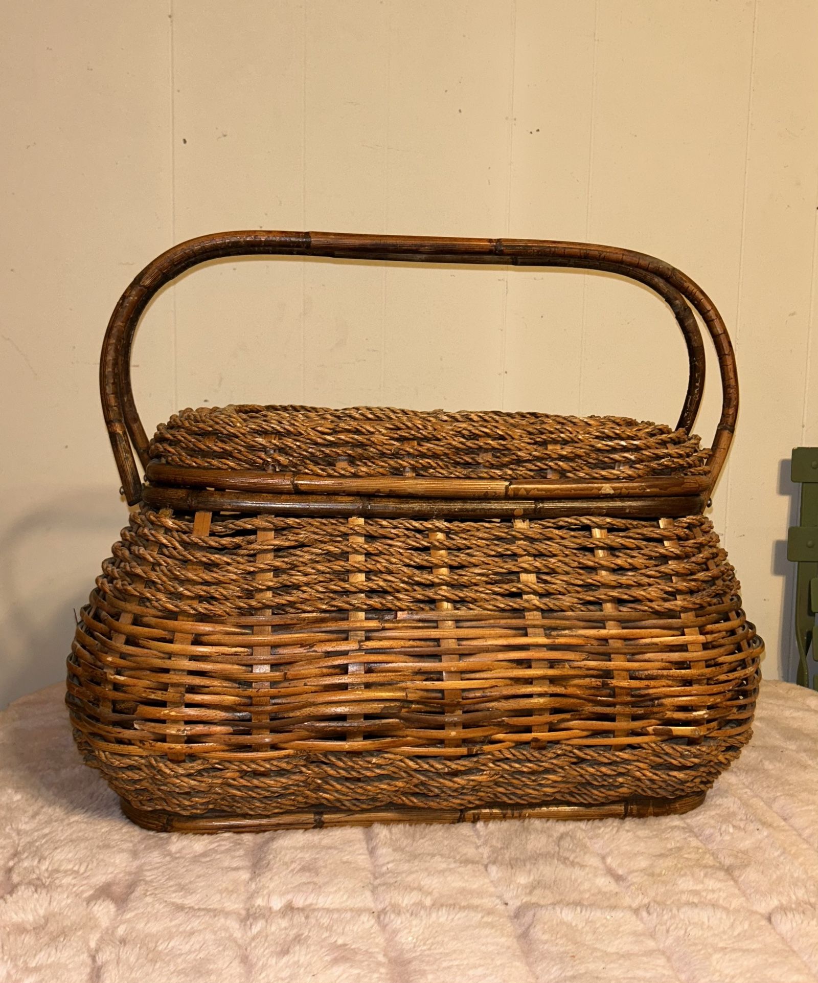 Large Vintage Bamboo and Wicker Picnic Basket