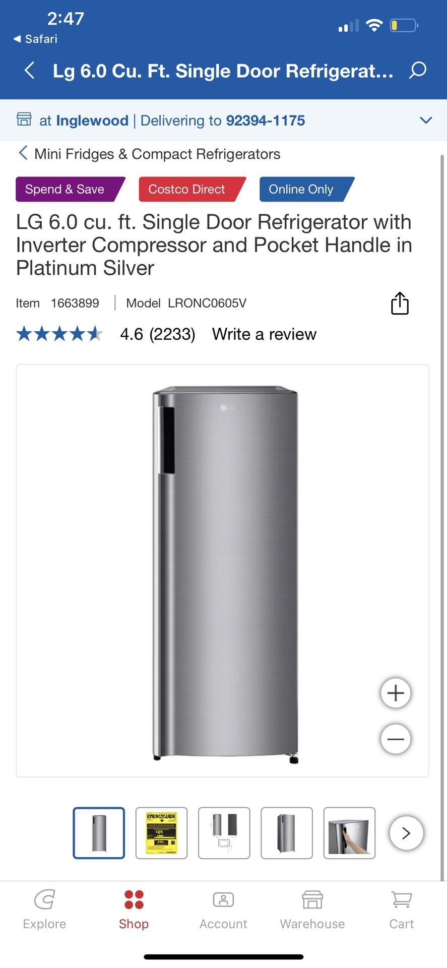 LG 6.0 cu. ft. Single Door Refrigerator with Inverter Compressor and Pocket Handle in Platinum Silve