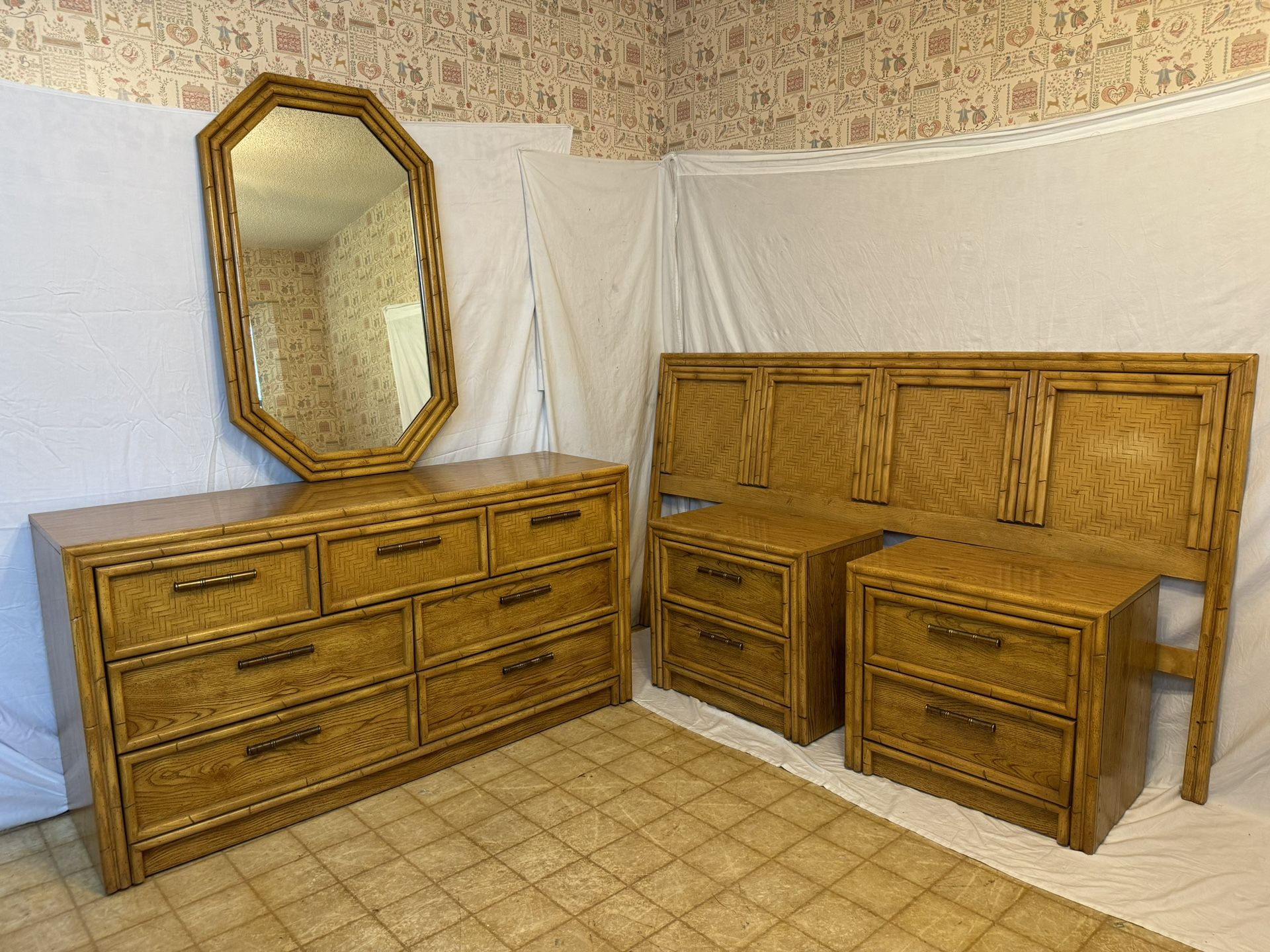 Vintage Mid Century Boho Chic Bedroom Set! Lea Faux Bamboo & Rattan Dresser, Nightstands & Headboard. CAN DELIVER!