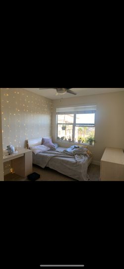 3-piece full bed furniture set (mattress, bed frame, desk, cabinetry)