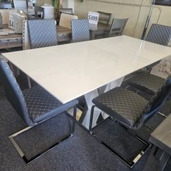Brand New White Dining Set (84"×42"×30"H) + 6 Gray Faux Leather Chairs
