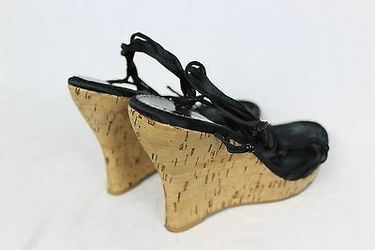 Nine West Black Strappy Lace Open Toe Platform Designer Wedge Heels