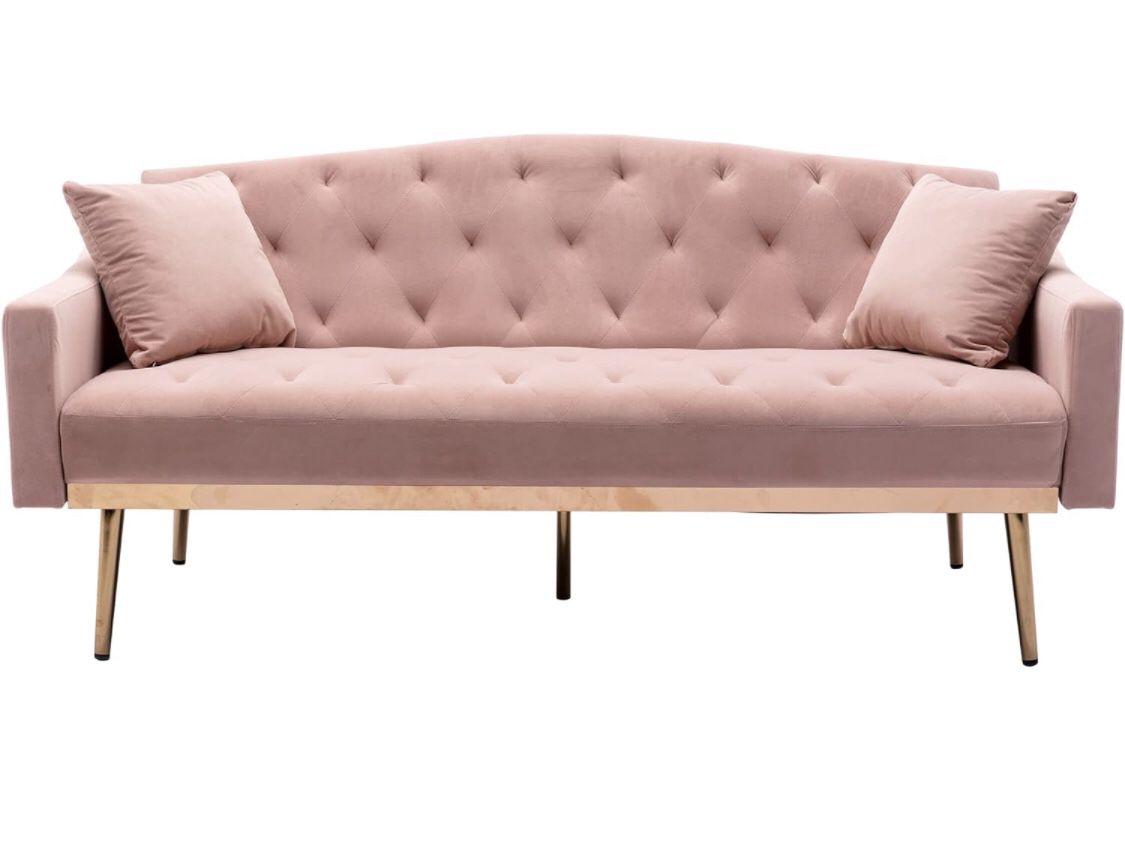 Velvet Sofa, Accent Sofa Loveseat Sleeper Couch with Rose Gold Metal Feet and 2 Pillows for Living Room, Bedroom (Pink)