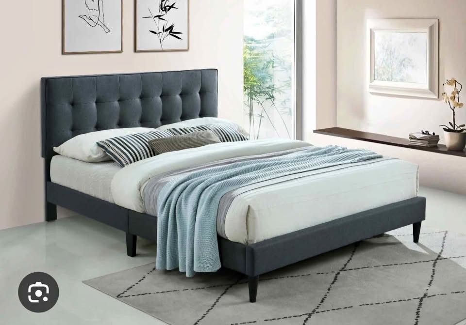 Ella by Ovis Upholstered Tufted Queen Platform Bed Frame, Charcoal Gray