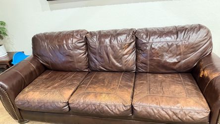 Brown Leather 3-Seat Sofa with Nailhead Trim