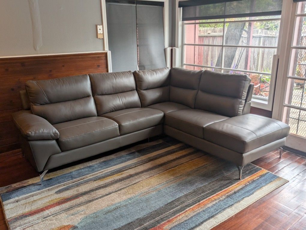 Small Grey Modern Sectional Faux Leather Chrome Legs