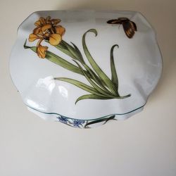 Porcelain trinket Box by Formalities Baum Brothers Featuring Spring Flowers and Butterfly Vintage/Discontinued