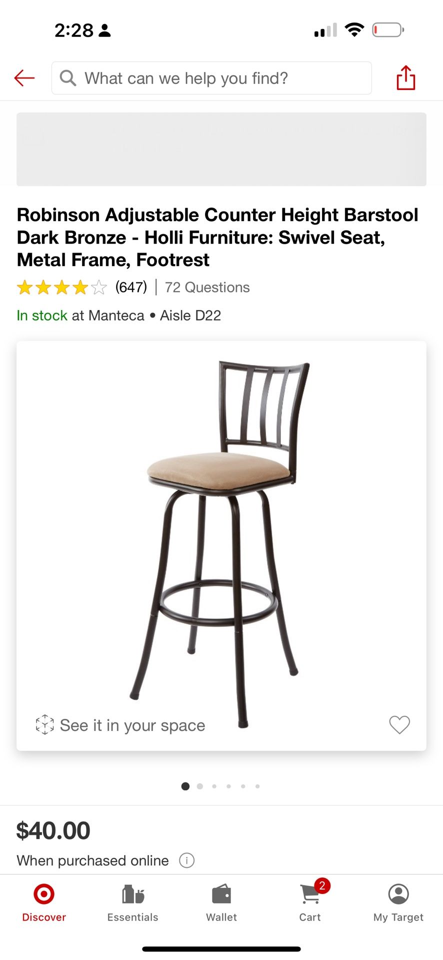 Robinson Adjustable Counter Height Barstool Dark Bronze - Holli Furniture: Swivel Seat, Metal Frame, Footrest