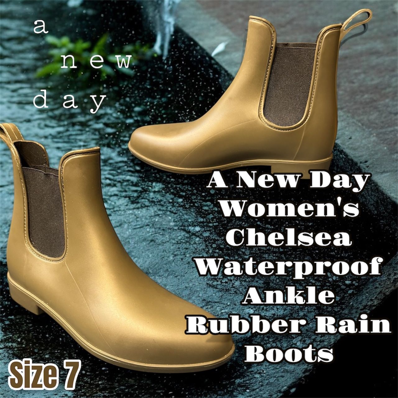 A New Day Women's Chelsea Waterproof Ankle Rubber Rain Boots Size 7 (Olive)