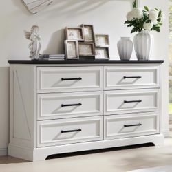 Farmhouse Dresser for Bedroom, 6 Drawers Dresser, White and Black
