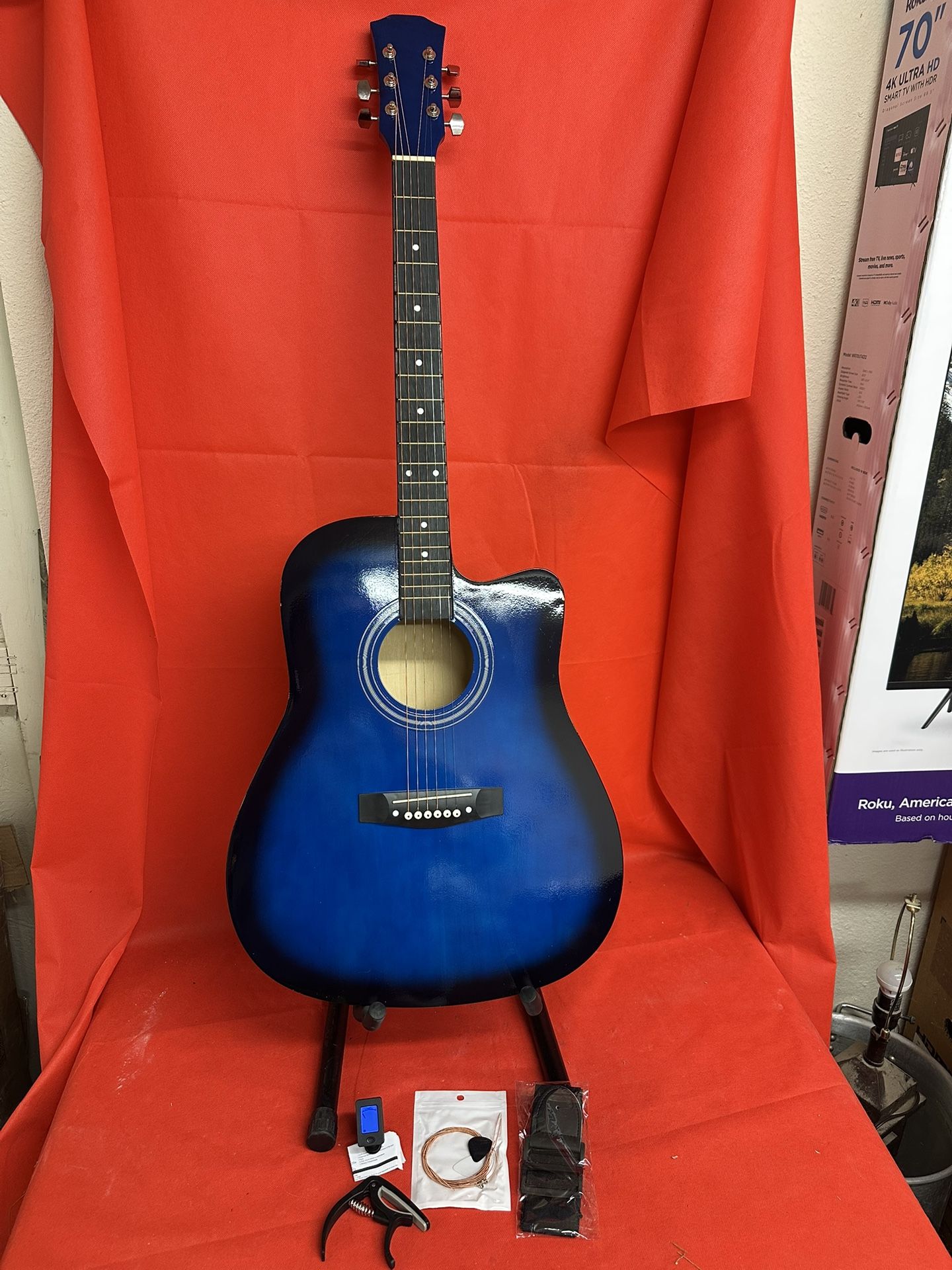 Full Size Blue Country Acoustic Guitar with Digital Tuner Capo Strap Extra Strings $140 Firm