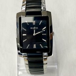 Bulova Men's Classic Rectangle Black & Silver St Steel 35mm Watch 98A117