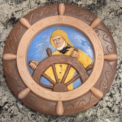 Vintage 1975 Hand Painted Sailor At The Helm Ceramic Wall Hanging 
