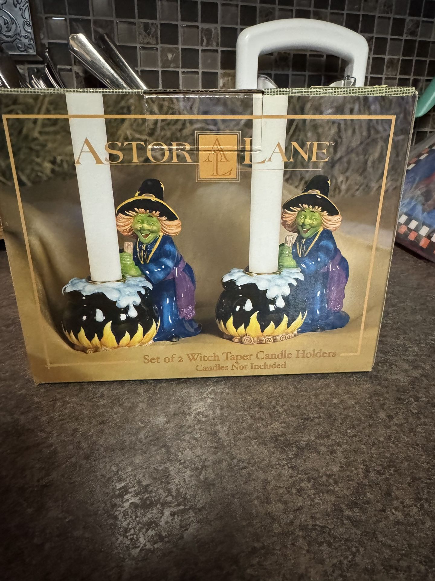 NIB Astor Lane Set of 2 Witch Taper Candle Holders