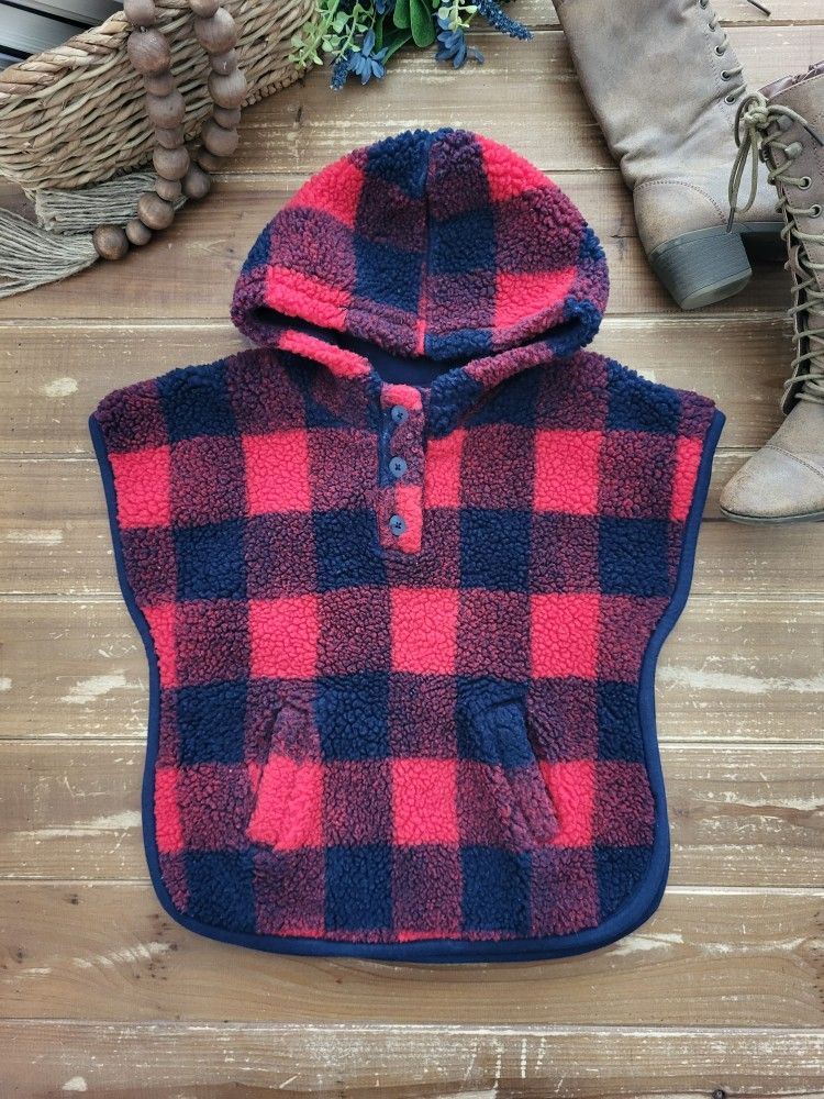 5T NAVY & RED PLAID THICK FLUFFY HOODED PONCHO