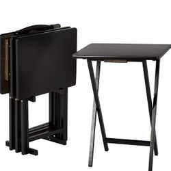 Portable TV Dinner 4-Pack Rectangular Folding Tray Table with Storage Rack, Black, 15" x 19" x 26" 