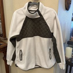 ABERCROMBIE & FITCH White Olive Asymmetrical Snap Up Fleece Quilted Pullover-XL