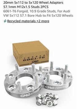 20mm 5x112 to 5x120 Wheel Adapters 57.1mm M12x1.5 Studs 2PCS 6061-T6 Forged, 10.9 Grade Studs, For Audi VW 5x112 57.1 Bore Hub to Fit 5x120 Wheels